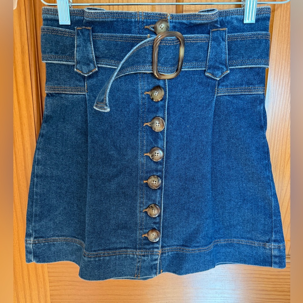 Sézane Gillie Skirt - Blue Denim Belted Skirt with Button Up Detail